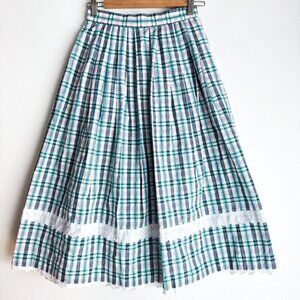 Vintage Check Print Green White Picnic Table Motif Midi Skirt S